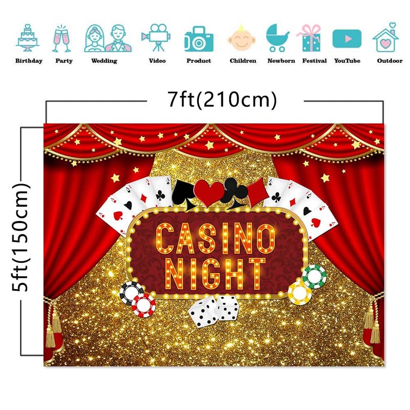 Fanghui Casino Night Poker Dice Red Curtains Photography Backdrop Vinyl Las Vegas Gold Glitter Bokeh Photo Background Birthday Party Banner Decorations Banner 7x5ft Photo Booths Studio Props Dessert Table - Image 3